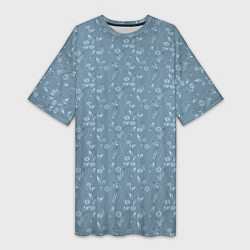 Женская длинная футболка Серо-голубой цветочный однотонный узор