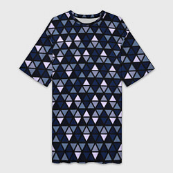 Женская длинная футболка Чёрно-синий паттерн треугольники
