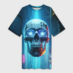 Женская длинная футболка Cyber skull - neon glow ai art