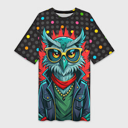 Футболка женская длинная Сова в одежде на стиле, цвет: 3D-принт