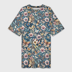 Женская длинная футболка Летний узор с цветами и бабочками