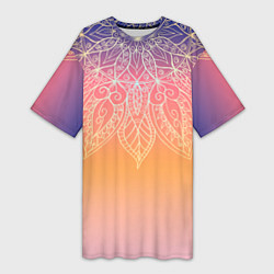 Женская длинная футболка Сине-оранжевый градиент с узором мандала