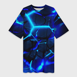 Женская длинная футболка Яркие голубые неоновые плиты в разломе