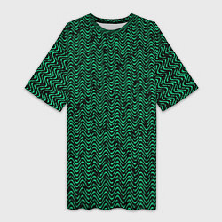 Футболка женская длинная Чёрно-зелёный волнистая текстура, цвет: 3D-принт