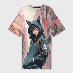 Футболка женская длинная Девушка в худи с ушками, цвет: 3D-принт