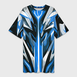 Женская длинная футболка Хаотичная сине-белая абстракция на чёрном фоне