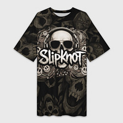 Футболка женская длинная Slipknot на фоне черепа в очках и наушниках, цвет: 3D-принт