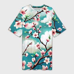 Женская длинная футболка Цветущие ветки японской сакуры