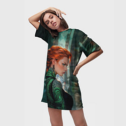 Футболка женская длинная Рыжая девушка с неоновыми татуировками, цвет: 3D-принт — фото 2