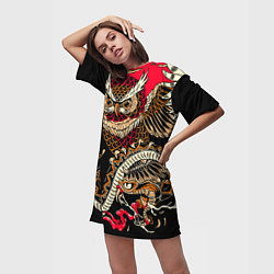 Футболка женская длинная Сова и змея - японский стиль, цвет: 3D-принт — фото 2