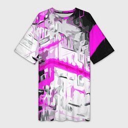 Женская длинная футболка Бело-розовая абстракция на чёрном фоне
