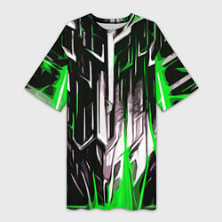 Женская длинная футболка Зелёно-белые вертикальные полосы на чёрном фоне