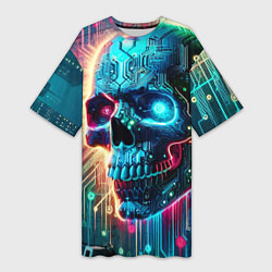 Футболка женская длинная Cool cyber skull - neon glow, цвет: 3D-принт