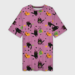 Женская длинная футболка Хэллоуин и кот ведьмы