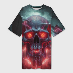 Футболка женская длинная Грозовой череп с молниями, цвет: 3D-принт