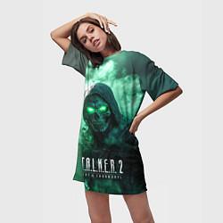 Футболка женская длинная Stalker 2 череп с зелеными глазами, цвет: 3D-принт — фото 2
