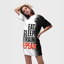 Футболка женская длинная Eat sleep train repeat, цвет: 3D-принт — фото 2