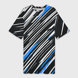 Женская длинная футболка Диагональные сине-белые полосы на чёрном фоне