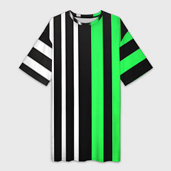 Женская длинная футболка Вертикальные полосы триколор зелёный