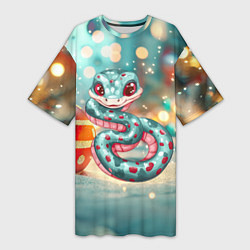 Футболка женская длинная Новогодняя змейка и новогодние игрушки, цвет: 3D-принт