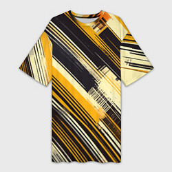 Женская длинная футболка Жёлтые диагональные полосы на чёрном фоне