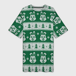 Женская длинная футболка Вязаный зимний узор с зайцами и ёлками