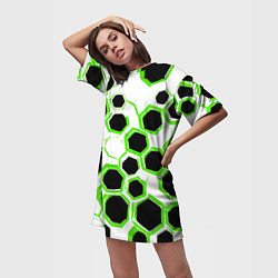 Футболка женская длинная Чёрно-зелёные шестиугольники на белом фоне, цвет: 3D-принт — фото 2