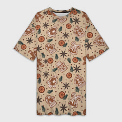 Футболка женская длинная Узор с пряниками и специями для глинтвейна, цвет: 3D-принт