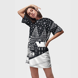 Футболка женская длинная Новый год в черно-белом стиле, цвет: 3D-принт — фото 2