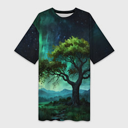 Футболка женская длинная Северное сияние и дерево, цвет: 3D-принт