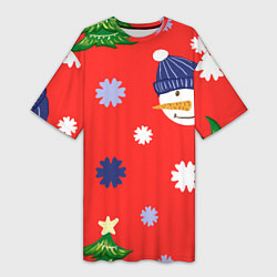 Женская длинная футболка Новогодний узор со снеговиком и снежинками