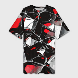 Женская длинная футболка Красно-белый паттерн на чёрном фоне