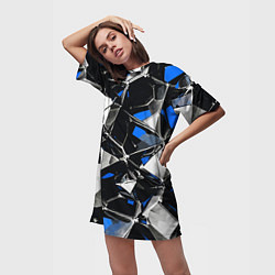 Футболка женская длинная Сине-белый паттерн на чёрном фоне, цвет: 3D-принт — фото 2