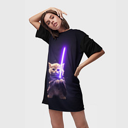 Футболка женская длинная Котик джедай, цвет: 3D-принт — фото 2