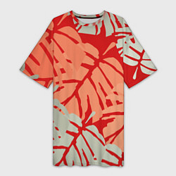 Футболка женская длинная Отпечатки монстеры на красном, цвет: 3D-принт