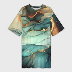 Женская длинная футболка Бирюзовый узор с оранжевыми вставками