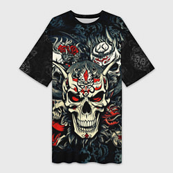 Женская длинная футболка Маска Хання на черепе самурая на фоне духов