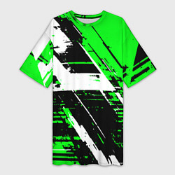 Женская длинная футболка Diagonal black and white stripes on a green backgr