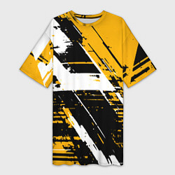 Женская длинная футболка Diagonal black and white stripes on a yellow backg