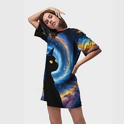 Футболка женская длинная Кот на фоне космоса, цвет: 3D-принт — фото 2