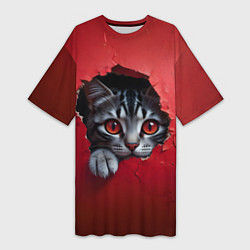 Футболка женская длинная Выглядывающий котик, цвет: 3D-принт