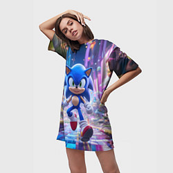 Футболка женская длинная Sonic в неоновом городе, цвет: 3D-принт — фото 2
