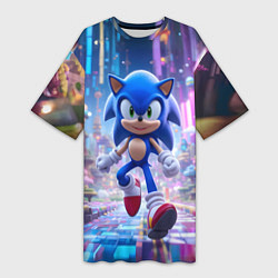 Футболка женская длинная Sonic в неоновом городе, цвет: 3D-принт