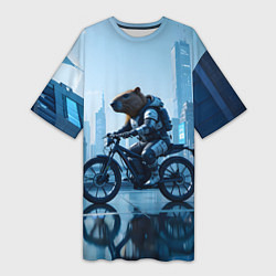 Футболка женская длинная Капибара мотоциклист, цвет: 3D-принт