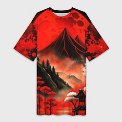 Футболка женская длинная Япония природа в красном цвете, цвет: 3D-принт