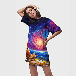 Футболка женская длинная Улитка и космос, цвет: 3D-принт — фото 2