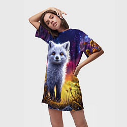 Футболка женская длинная Песец в звездную ночь, цвет: 3D-принт — фото 2