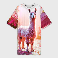 Футболка женская длинная Альпака в розовом, цвет: 3D-принт
