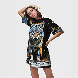 Футболка женская длинная Волк на черном, цвет: 3D-принт — фото 2