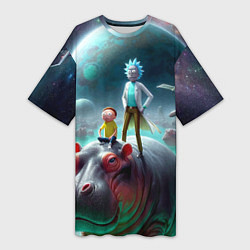Футболка женская длинная Рик и Морти сидят на бегемоте - нейроарт фантазия, цвет: 3D-принт